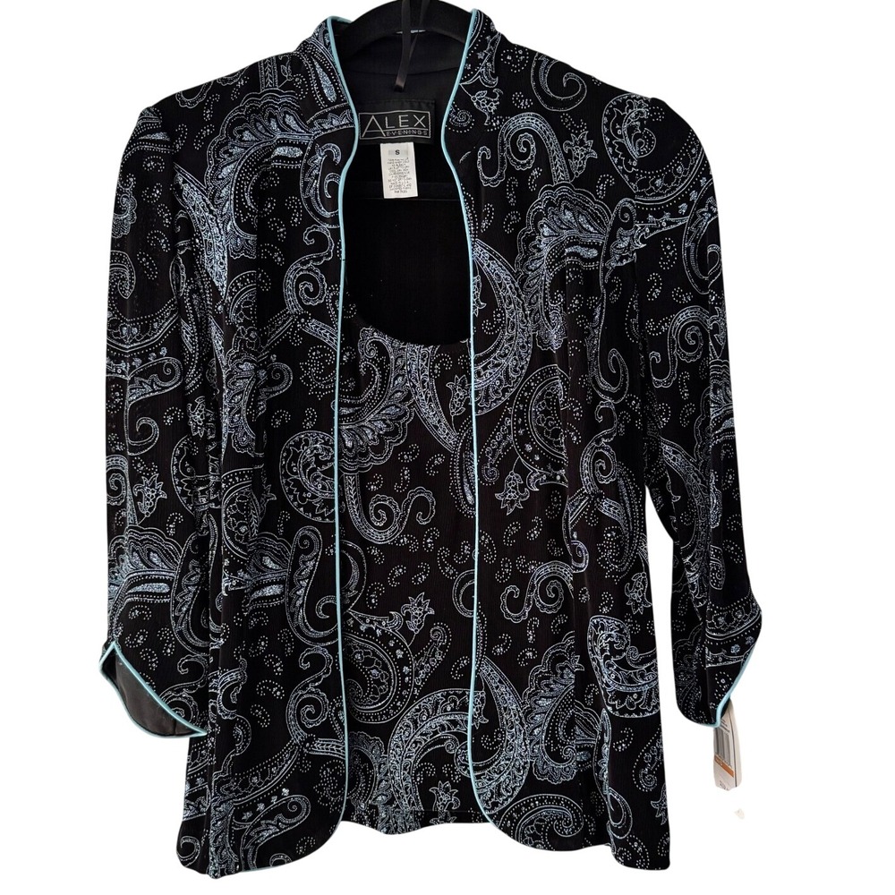 Alex Evenings Womens 2 Piece Twin Set Jacket Tank Paisley Blue Black Small NWT
